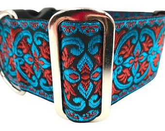 Percival | Abstract Pattern of Red, Turquoise and Black, 2" Extra Wide Regular or Metal Buckle Dog Collar for Large or Giant Breed Dog