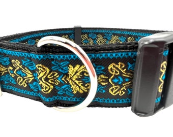 Raven | Turquoise and Gold on Black, 1.5" Wide Martingale or Buckle Dog Collar for Large Breed Dogs. Satin Lined. Metal Buckle Available.