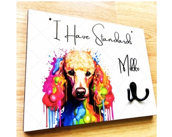 Poodle Themed  Leash Holder for Wall, 8" x 10.5" X 1/2", Cute Poodle Design.  Personalized with your dog's name. Great Dog Lover Gift