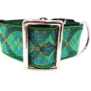 Emerald | Beautiful Teal Tapestry Design. 2&quot; Extra Wide Regular or Metal Buckle Dog Collar for Large or Giant Breed Dogs.