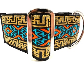 Totem | Turquoise, Gold, and Dark Orange on Black.  2" Extra Wide Buckle or Martingale Dog Collar for Large or Giant Breed Dog