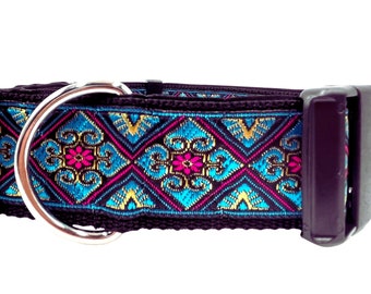 Stained Glass II | Turquoise and Pink 1.5" Wide Martingale or Buckle Dog Collar for Large Breed Dogs. Satin Lined. Metal Buckle Available.