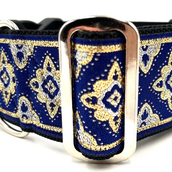 Duke | Navy  Metallic Design 2" Extra Wide Martingale, Buckle Martingale or Chain Martingale  Dog Collar for Large or Giant Breed Dog.