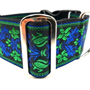 Neptune | Cobalt Blue and Bright Green on Black Background,  2" Extra Wide Regular or Metal Buckle Dog Collar for Large and Giant Breed Dogs