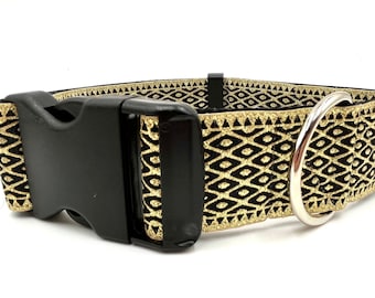 Gold Dust II | Metallic Gold on Black, 1 1/2" Wide Buckle or Martingale Dog Collar for Large Breeds