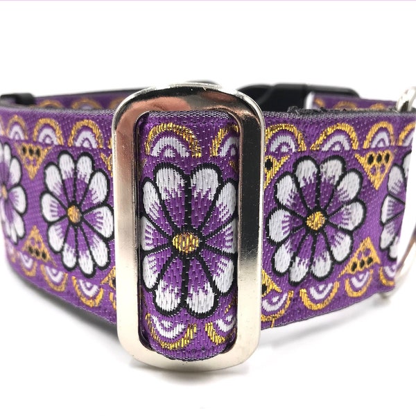 Lavender | Purple, White and Gold   2" Extra Wide Regular or Metal Buckle Dog Collar for Large / Giant Breed Dog. Gift for Dog Mom or Dad.