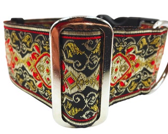 Stewart | Red and Gold on a Black Background.  2" Extra Wide Buckle or Martingale Dog Collar for Large or Giant Breed Dog