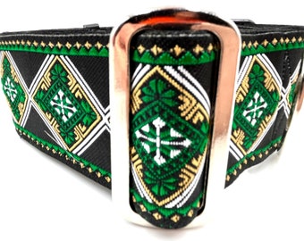 Duncan | Beautiful Green Tapestry Design. 2" Extra Wide Regular or Metal Buckle Dog Collar for Large and Giant Breed Dogs.