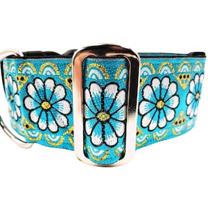 Turquoise, White and Metallic Gold. 2&quot; Extra Wide Regular or Metal Buckle Dog Collar for Large or Giant Breed Dog. .