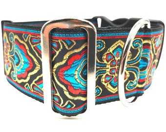 River | Turquoise and Red on Black.  2" Extra Wide Buckle or Martingale Dog Collar for Large or Giant Breed Dog. Metal Buckle Available