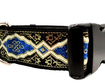 Hamlet (Blue) | 1 1/2" Wide Buckle or Martingale Dog Collar for Large Dog.  Blue, Cream and Gold on Black. Satin Lined. Metal Buckle Avail.