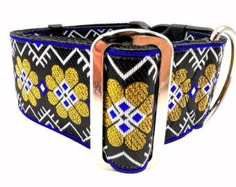 Limerick | Blue and Metallic Gold 2 Inch Wide Heavy Duty Satin Lined Regular or Metal Buckle Dog Collar for Large or Giant Breed Dogs.