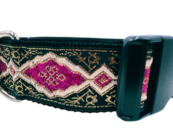 Kate (Pink) | 1 1/2" Wide Buckle or Martingale Dog Collar for Large Breeds.  Pink, Cream and Gold on Black. Satin Lined. Metal Buckle Avail.