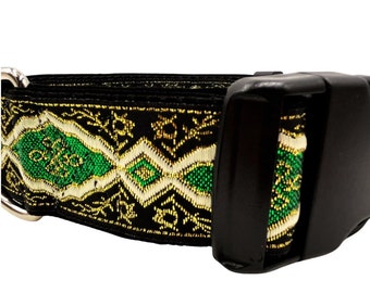 Hamlet (Green) | 1 1/2" Wide Buckle or Martingale Dog Collar for Large Dogs Green, Cream and Gold on Black. Satin Lined. Metal Buckle Avail.