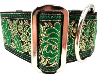 Clover | Green and Gold Metallic 2" Extra Wide Buckle or Martingale Dog Collar for Large & Giant Breed Dog. Satin Lined. Metal Buckle Avail.