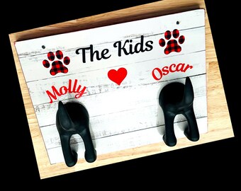 Double Leash Holder for Wall, 8" x 10.5" X 1/2", Cute Red Plaid Paw Design.  Personalized with your dogs' names. Great Dog Lover Gift