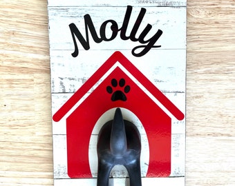 Personalize Leash Holder for Wall with Cute 3D Dog Butt Hook, 6" x 10.5" X 1/2".  Red Dog House Design. Customized with your pet's name