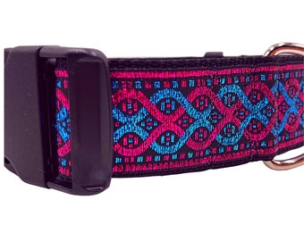 Blink | Metallic Pink and Blue on Black,  1 1/2" Wide Buckle or Martingale  Dog Collar for Large Breed Dog. Metal Buckle Available