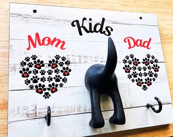 Dog Leash/Key Holder for Wall with Dog Paw Hearts. 2 Key Holders & 1 Dog Butt Leash Hook 8" x 10.5" X 1/2". Personalized with Dog's Name.