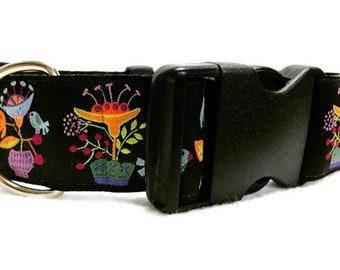 Funky Birds | 1 1/2" Wide Buckle or Martingale Dog Collar | Funky Birds on Black | Great dog lover gift.