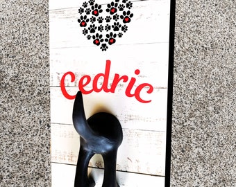 Dog Leash Holder for Wall with Dog Black and Red Paw Hearts. 1 Dog Butt Leash Hook.  10.5" X 6" X 1/2". Personalized with your Dog's Name.