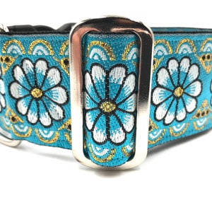 Turquoise, White and Metallic Gold. 2" Extra Wide Regular or Metal Buckle Dog Collar for Large or Giant Breed Dog. .