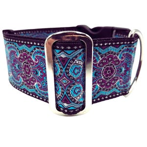 Lancelot | 2 Inch Wide Regular or Metal Buckle Dog Collar for Large or Giant Breed Dog. Blue and Purple Tapestry Design.