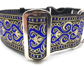 Excalibur | 2 inch Wide Buckle or Martingale Dog Collar for Large or Giant Breed Dog.  Cobalt Blue and Gold.  Great Dog Lover Gift