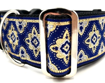 Duke | 2 Inch Wide Regular or Metal Buckle Dog Collar for Large and Giant Breed Dogs.  Metallic Blue and Gold.  .