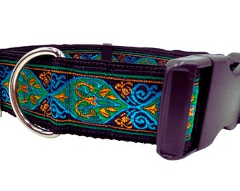 Kismet (Green) | 1.5" Wide Martingale or Buckle Dog Collar for Large Breed Dogs. Satin Lined. Metal Buckle Available.  Great Dog Lover Gift.