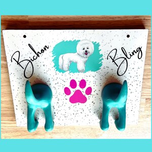 Bichon Frise Themed  Leash Holder for Wall, 8&quot; x 10.5&quot; X 1/2&quot;, Cute Bichon Design.  Personalized with your dog&#39;s name. Great Dog Lover Gift