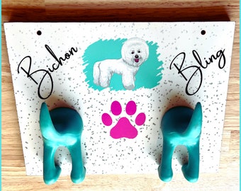 Bichon Frise Themed  Leash Holder for Wall, 8" x 10.5" X 1/2", Cute Bichon Design.  Personalized with your dog's name. Great Dog Lover Gift