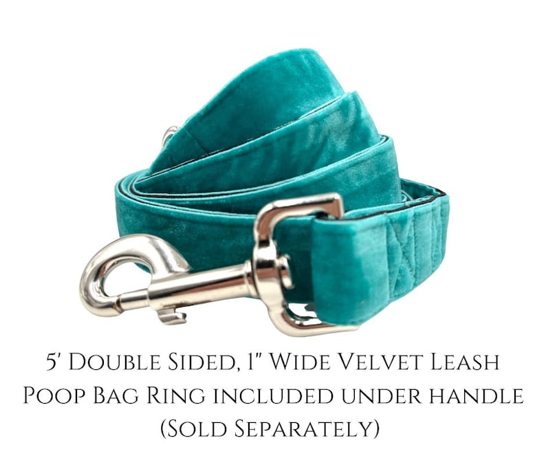 K&ouml;nnte beinhalten: Eine tealblaue Samthundeleine mit einem silbernen Clip. Die Leine ist 1,5 Meter lang und 2,5 Zentimeter breit. Sie enth&auml;lt einen Kotbeutelring unter dem Griff.  "5' DOUBLE SIDED, 1" WIDE VELVET LEASH POOP BAG RING INCLUDED UNDER HANDLE (SOLD SEPARATELY)" ist auf dem Bild gedruckt.