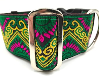 Mardi Gras | 2 inch Wide Regular or Metal Buckle Dog Collar. Green,  Pink, Green and Yellow for Large or Giant Breed Dog.