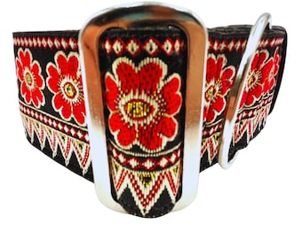 Blossom Red | Martingale Dog Collar: 2" Wide, Satin Lined, Large Breed