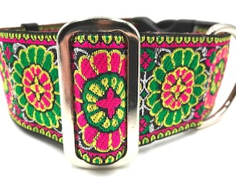 Spring Fever | Green, Pink, and Silver Metallic 2" Extra Wide Buckle or Martingale Dog Collar for Large or Giant Breed Dog. Metal Buckle