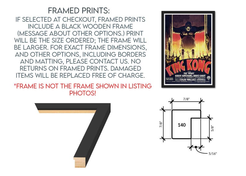 text and a diagram related to framed prints. The text provides information about the purchase of framed prints, including the option to include a black wooden frame and the message about other options. The diagram shows the dimensions of a framed print, with the frame size being 7 inches.