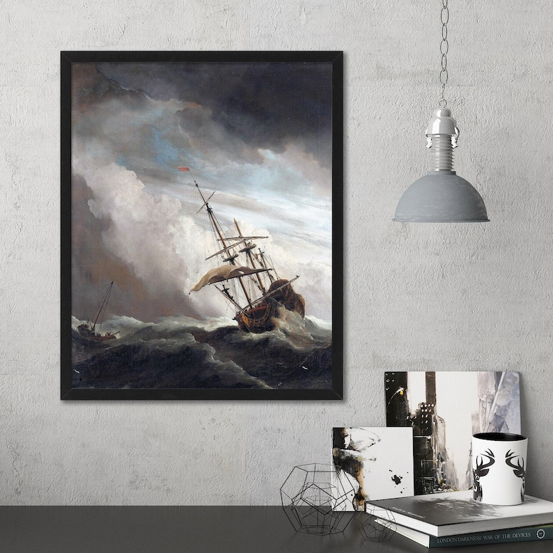 17th Century Sailing Ship Print | Nautical Wall Art & Painting | Warship in Storm image 1