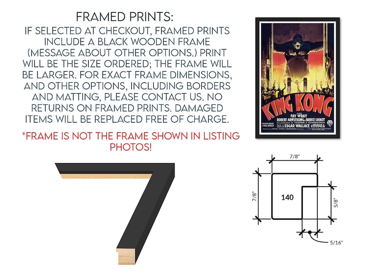text and a diagram related to framed prints. The text provides information about the purchase of framed prints, including the option to include a black wooden frame and the message about other options. The diagram shows the dimensions of a framed print, with the frame size being 7 inches.