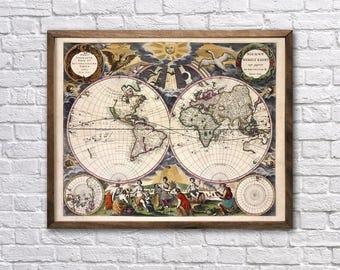 Antique World Map Print: Circa 1672, Museum Quality