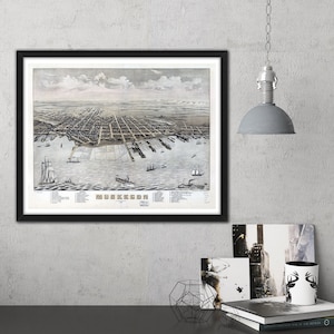 Muskegon, Michigan 1874 Bird&#39;s Eye Map Print: Antique Vintage Style