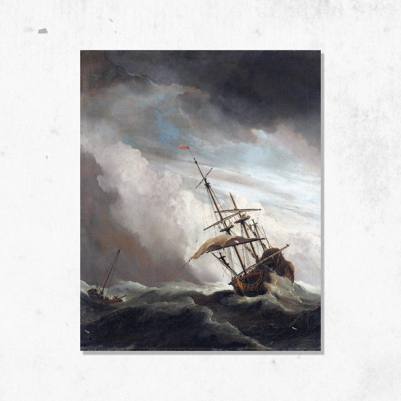 17th Century Sailing Ship Print | Nautical Wall Art & Painting | Warship in Storm image 2