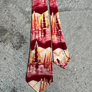 Vintage 1950s Botany Brand Red and Yellow Landscape Tie, Menswear, Rockabilly
