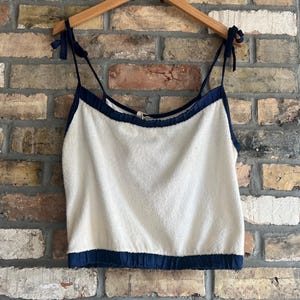 Vintage 1970s Terry Cloth Strappy Tank Top, Adjustable, White Navy