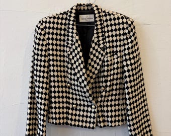 Vintage 90's Casual Corner Cropped Blazer Diamond Pattern Black Jacket Small