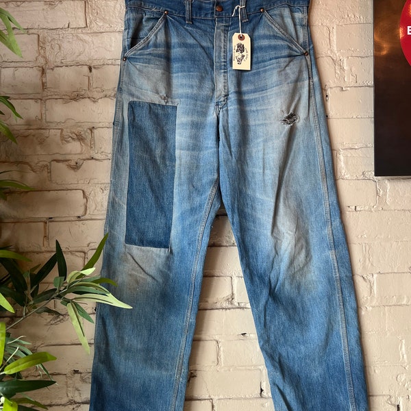 33" Waist, 1950s SEARS Carpenter Jeans, Patchwork, Workwear