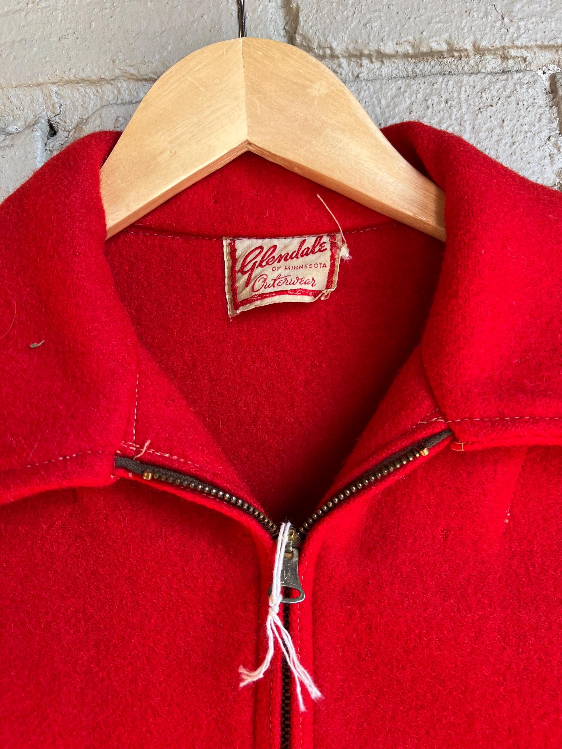 Small, Vintage 1940s Red Full Zip Wool Jacket, Belted Back