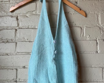 Sm, 1970s Baby Blue Knit Halter Top, Buttons, Summer, Cute