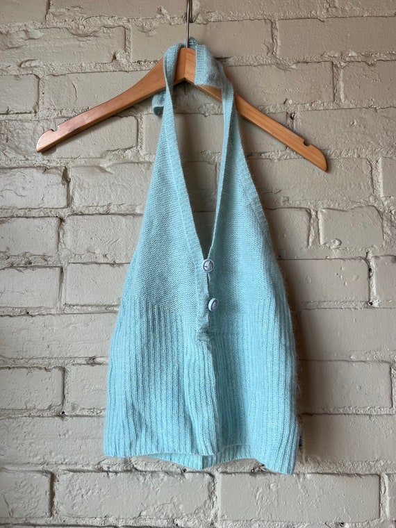 Sm, 1970s Baby Blue Knit Halter Top, Buttons, Summ