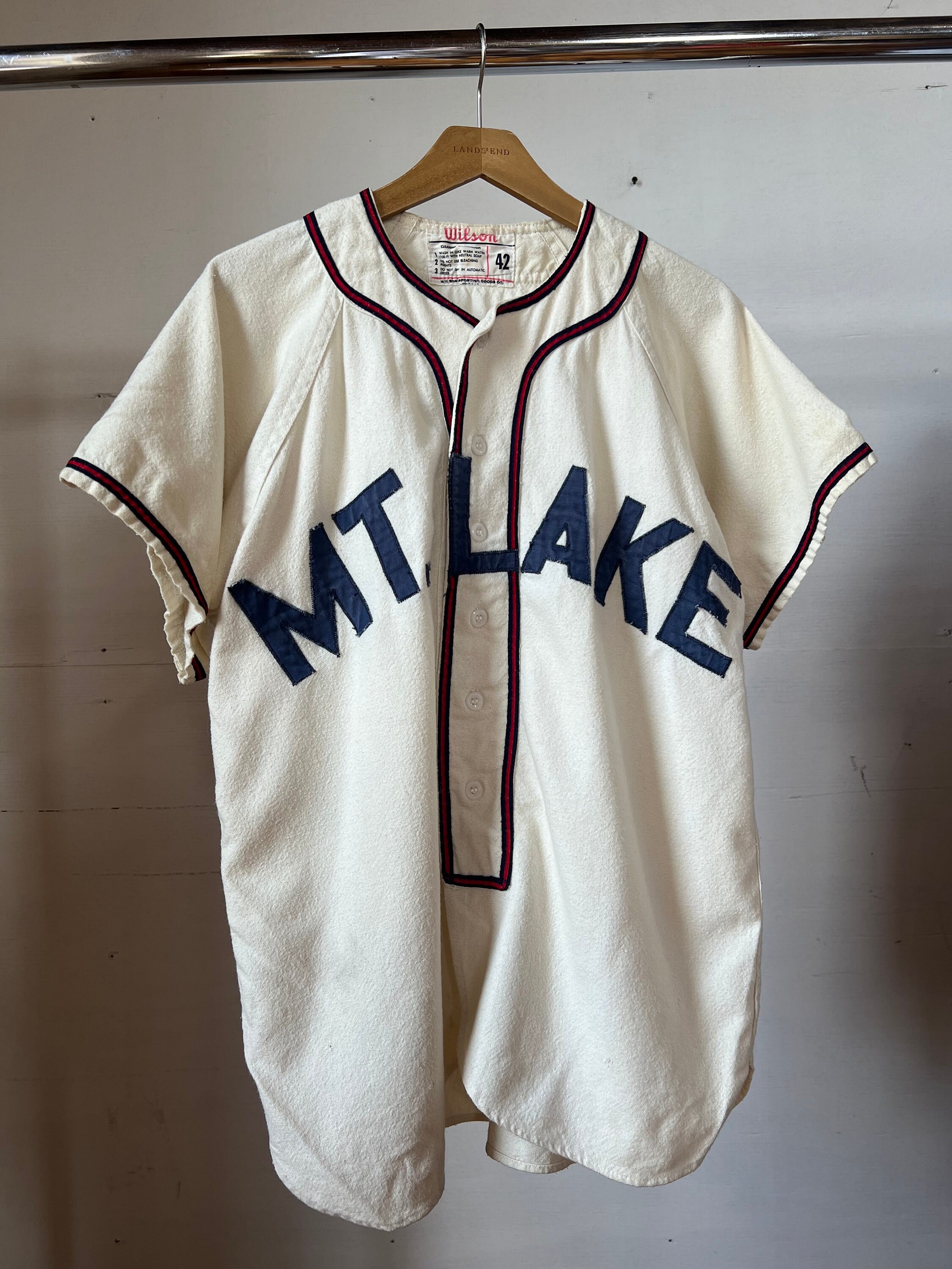L XL, 1950s Wilson Cotton Baseball Jersey, Mt Lake Minnesota L XL, 1950s Wilson Cotton Baseball Jersey, Mt Lake Minnesota